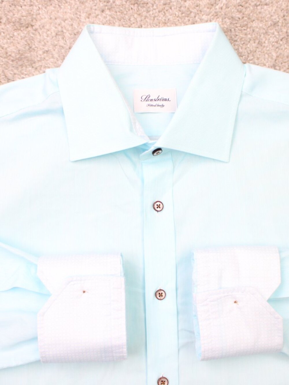 Stenstroms Dress Shirt Mens 17, 43 Blue Flip Cuff 100% Cotton Long Sleeve Button